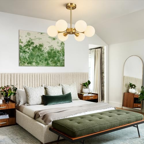 Image of Mid Century Modern Ceiling Light with Milk White Glass lampshade Gold Semi Flush Mount Ceiling Light Fixture Sputnik Chandelier for Bedroom Living Room Dining Room Foyer Hallway(6-Lights)