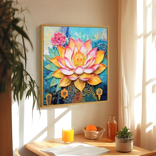 Image of PAINTINGMANTRA Multicolor Abstract Stretched Canvas Framed Painting Wall Art for Living Room Bedroom Office Cafe - Blue Yellow Pink Lotus Floral Abstract Framed Canvas Wall Decor Painting (58x58 cm)