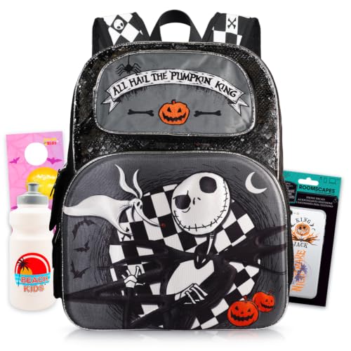 Disney Mochila infantil Nightmare Before Christmas - Pacote com 40,6 cm Jack Skellington Bookbag, garrafa de água, adesivos e mais | Conjunto de mochila Nightmare Before Christmas