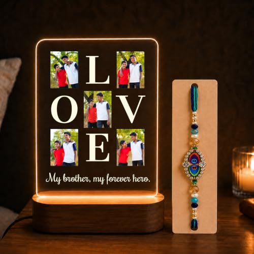 Image of Giftplease Personalized Acrylic Photo Frame LED Light Rakhi Gift Combo for Brother | Custom Night Light Lamp with Designer Rakhi, Roli Chawal, Greeting Card | Unique Rakshabandhan Gift for Bhaiya