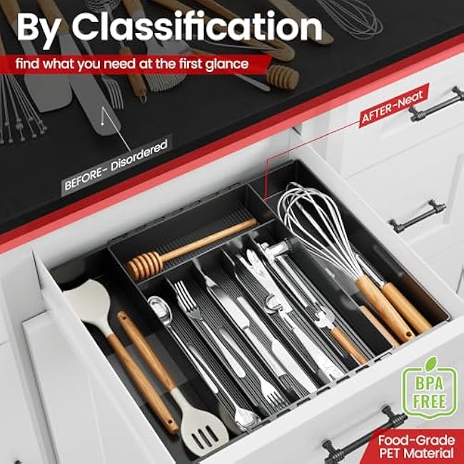 EZ COZY Silverware Organizer, 8 Slots Expandable Kitchen Drawer Organizer, Adjustable Plastic Utensil Tray for Knives, Forks & Spoons, Multipurpose Silverware Holder, BPA-Free, Black