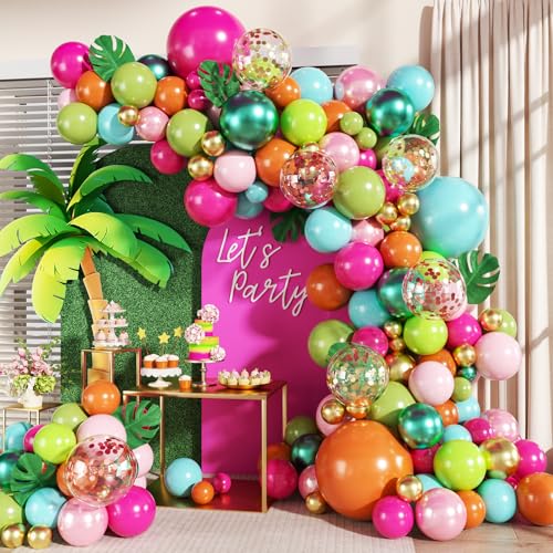 Tropical Luau Balloon Arch Kit 146Pcs Hot Pink Pearl Pink Green Blue Orange Gold Metallic Green Confetti Balloons with Palm Leaves for Summer Tropical Luau Hawaiian Theme Party Decorations