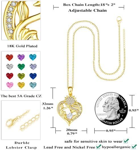 Heart Necklaces for Women Gold, You Are My Sunshine Sunflower Necklace Wedding Anniversary Birthday Christmas Gifts for Wife Mom,14K 18K White Gold Everyday Jewelry with Heart Birthstone Pendant - Image 3