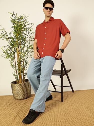 Image of Thomas Scott Men Half Sleeves Camp Collar Oversize Fit Solid Casual Shirt