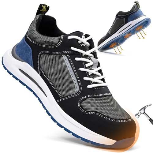 LAoutun Zapatillas de seguridad para hombre, con puntera de acero, con certificado CE, transpirables, ligeras, cómodas, a prueba de pinchazos, botas de trabajo de construcción, J1132 Gris Oscuro