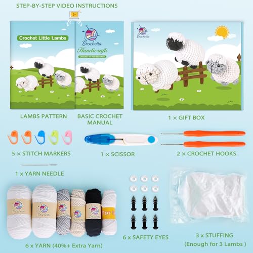 Image of Crochet Kit for Beginners, Crochet Starter Kit with Step-by-Step Video Tutorials, Amigurumi Crochet DIY Knitting Supplies for Teenagers Adults, 3-Pack Little Lambs (40%+ Yarn)