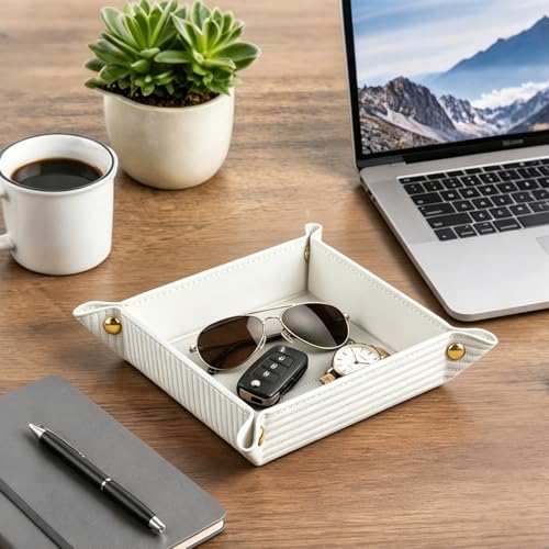 Image of YAPISHI Light Luxury Valet Tray for Men, PU Leather Vanity Jewelry Tray & Decorative Perfume Catchall, Folding Travel EDC Dump Tray, Nightstand Organizer Caddy for Keys, Watches, Coin Bowl Dish