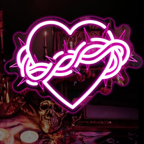 Image of Thorns Heart Neon Mirror Sign, Gothic LED Neon Sign Wall Decor USB Powered Dimmable Light for Bedroom Bathroom, Neon Signs for Wall Decor Gothic Gift 13.97 inch x 9.78 inch