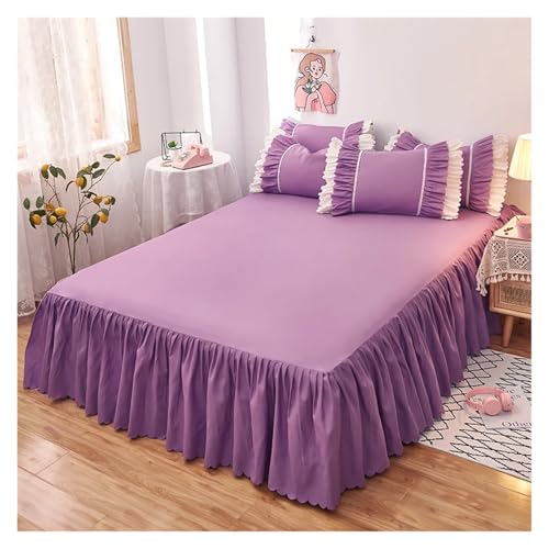 Juego de falda de cama elástica con volantes, colcha morada de 3 piezas con funda de colchón lisa, sábana y 2 fundas de almohada, 200 x 220 cm