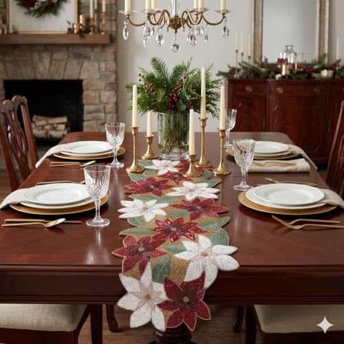 Image of Beautiful Beaded Table Runner Craftsmanship |Pack of 1 Measure 13 * 36 Inches| Thanksgiving - Occasional Decoration ( Multi Color Multi Flowers Grey )