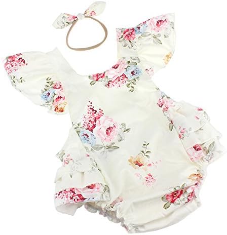 Baby Girls Cotton Vintage Floral Ruffle Rompers Clothing Headband Set
