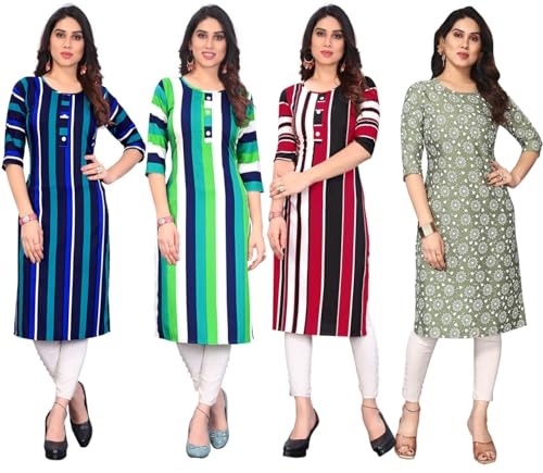 Image of JAKHANA Women's Crepe Printed Casual Straight Calf Length Round Nick Kurta Pack of 4