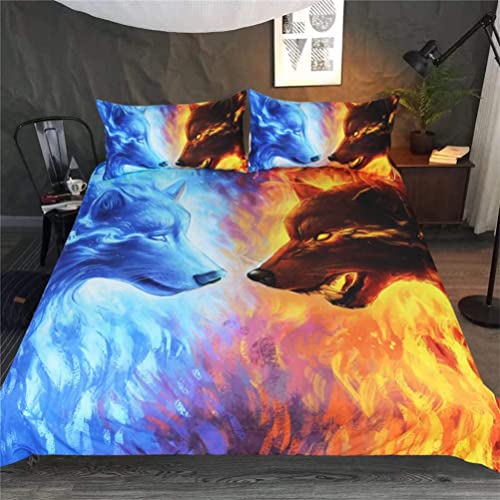 L.YINGTAO 3D Parure De Lit pour 1/2 Personnes, Parure De Lit Loup De Glace Et De Feu Animal Ensemble De Microfibre 3 Pièces Housses De Couettes + 2 Taies D'oreillers 50x75cm-1||220x240cm Cover