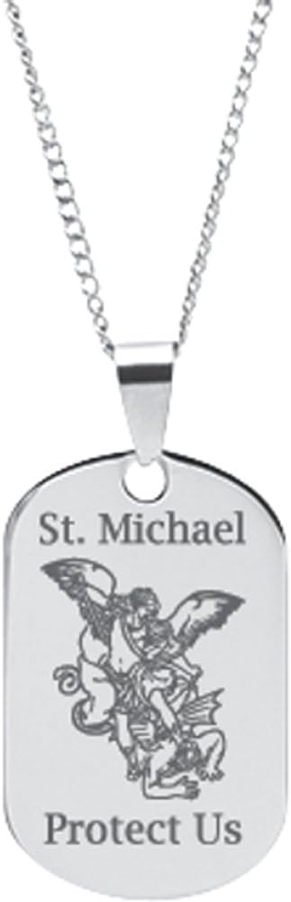 Stainless Steel Engraved St. Michael Dog Tag Prayer Pendant on 18" Chain