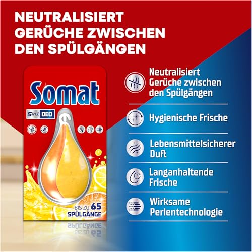 Somat 5in1 Geschirrspüler Deo Zitrone & Orange (bis zu 65 Spülgänge), Spülmaschinen Deo zur Geruchsneutralisierung für hygienische Frische und einen lebensmittelsicheren Geschirrspüler Duft 2