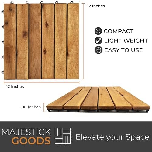 Interlocking Deck Tiles 8 Pack - Snap Together Wood Flooring | 12 x Acacia Hardwood Outdoor for Patio Click Floor Decking Tile Outdoors Balcony Flooring, Wooden Parquet