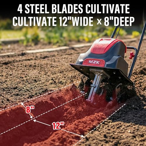 Image of MZK 12-Inch 10.5A Electric Tiller Cultivator,Garden Rototiller 8-Inch Depth