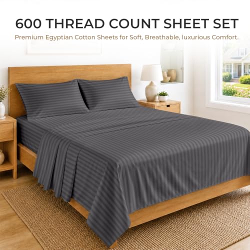 Image of SGI bedding RV Short Queen Sheet Set 60x75, 600 TC Egyptian Cotton, 4 Piece Luxury Hotel Collection, Ultra Soft & Breathable, Fits RV Mattress Camper & Trailer, 15 Inch Pocket, Dark Grey Stripe