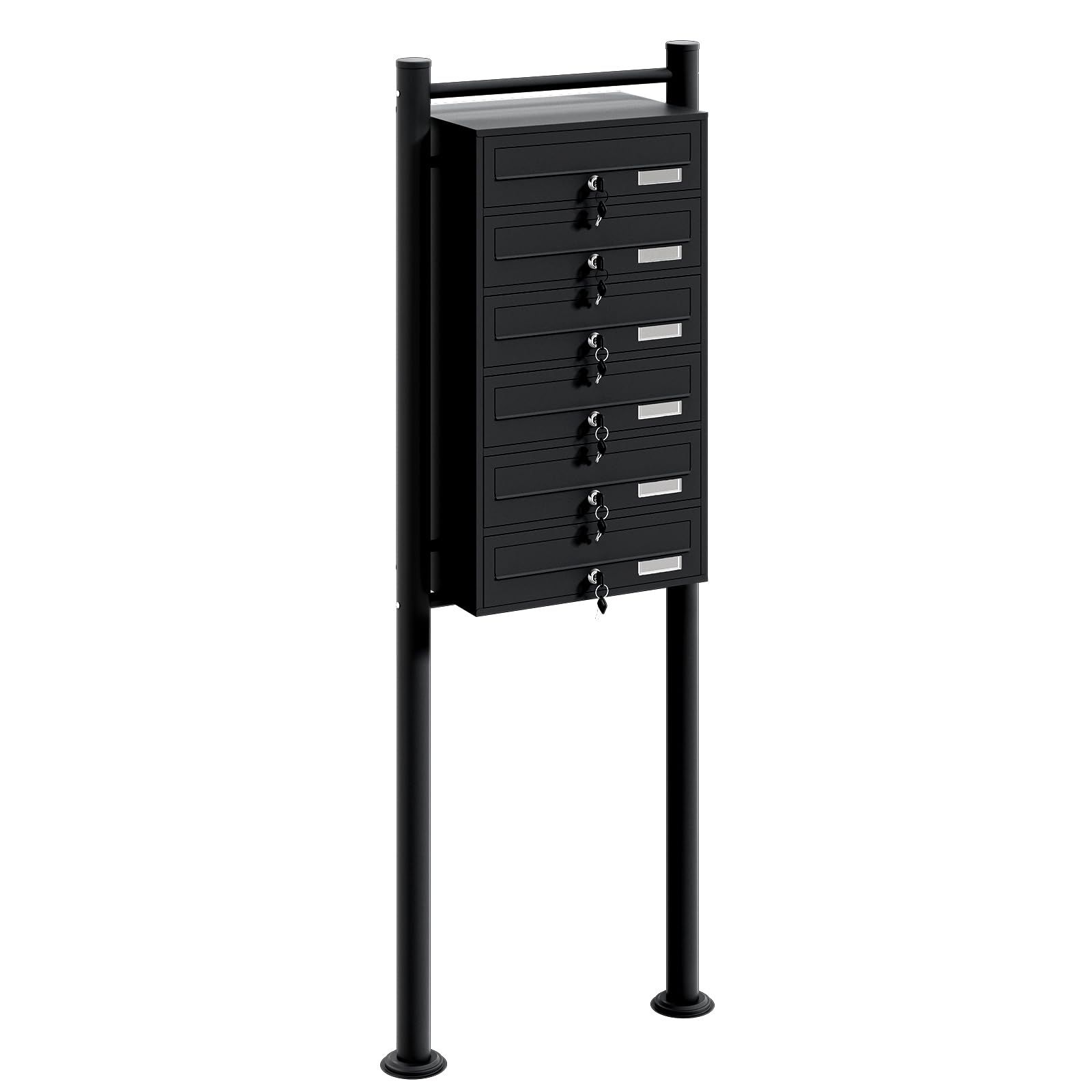 Wiltec Boîte aux Lettres sur Pieds Noire 556 x 270 x 1500 mm, avec 6 Compartiments verrouillables et Porte-nom, Revêtement en Poudre, pour Courrier