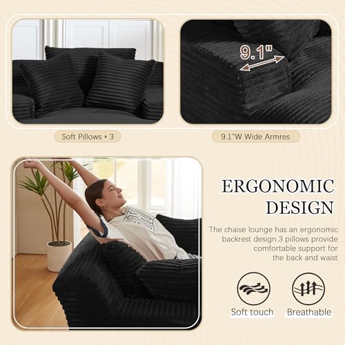 Image of 80 Inch Chaise Lounge Chair Indoor, Oversized Corduroy Upholstered Boneless Sofa Bed, Deep Seat Sleeper Couch Reading Chairs, Cloud Sofas Couches for Living Room, No Assembly Required (Black)