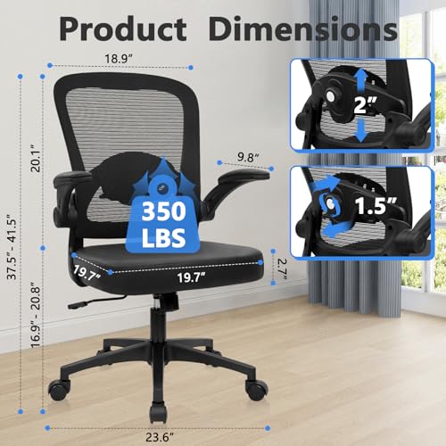 Image of KLASIKA Desk Chairs with Wheels, Ergonomic Mesh Back PU Leather Seat Home Office Adjustable Lumbar Support and Height Swivel Rolling Computer Task Chair with Flip Up Arms for Conference, Black, 2PK
