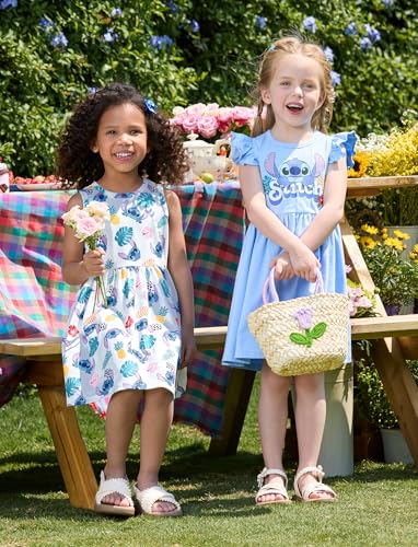 Image of Disney Frozen Elsa Princess Minnie Mouse Stitch Toddler Girl Dresses 2 Pack Short Ruffle Sleeve Costume Set Outfit 2-13 Years