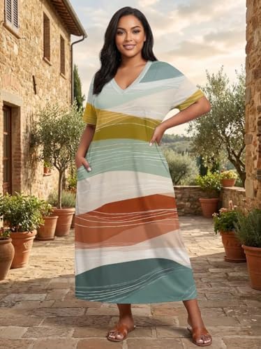 Image of Plus Size Maxi Dress for Women Short Sleeve V Neck Casual Loose Sundress with Pockets
