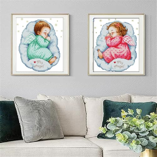 Image of JOYSEWING Stamped Cross Stitch Kits, 11CT Printed Cross Stitch Kits for Beginners, Easy Embroidery Needlepoint Kits DIY Craft kit Home Decor - Asleep Angel Baby(boy) (Printed) 13x13.8 inch