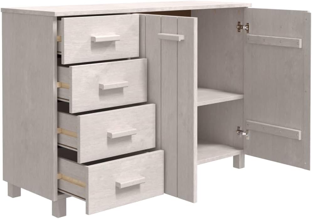 White Solid Pinewood and MDF Medium Sideboard with 4 Drawers and 2 Doors for Dining Room Living Area Storage Furniture