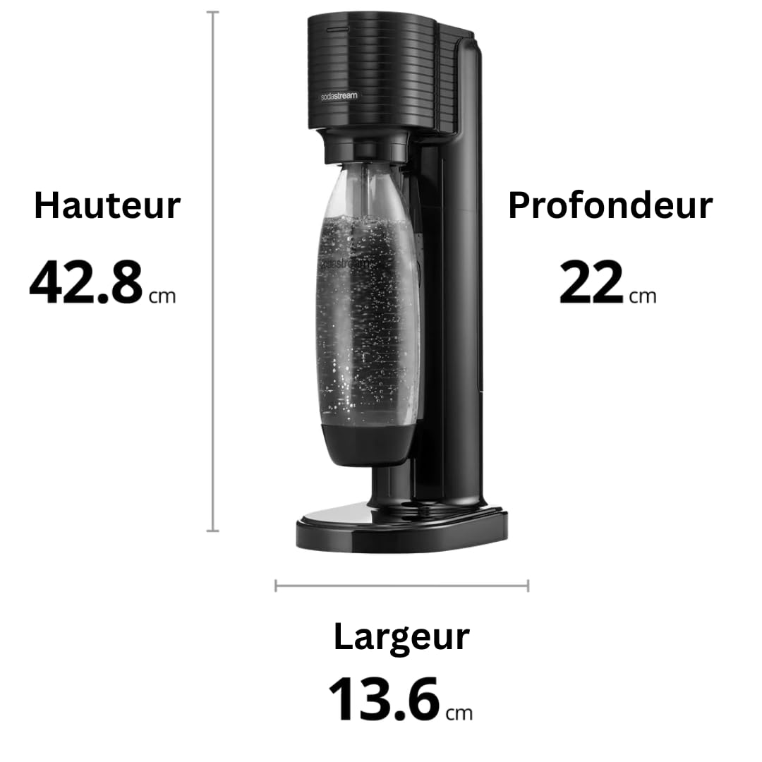 Sodastream GAIA Machine à Eau Pétillante et Soda | Pack 1 Bouteille 1L + 1 Bouteille 0,5L Compatibles Lave-Vaisselle + 1 Recharge de Gaz 60L à Clipser | Noire
