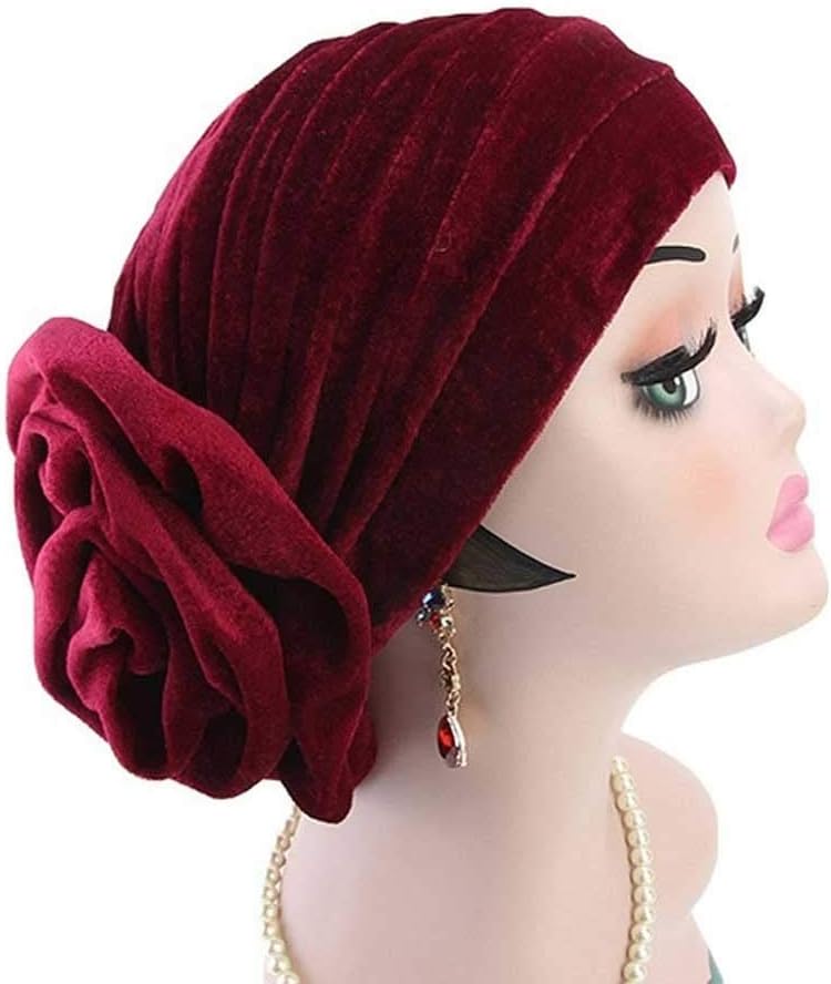 HBJWOV Women Big Flower Beads Hijab Cap Gold Velvet Elegant Turban Cap Jersey Chemo Hat Ladies Scarf Cover
