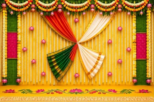 Image of Marriage Backdrop for Wedding | Traditional Indian Wedding Background with Crossed Saree Design 8x8 Feet | Lakshmi Pooja Background