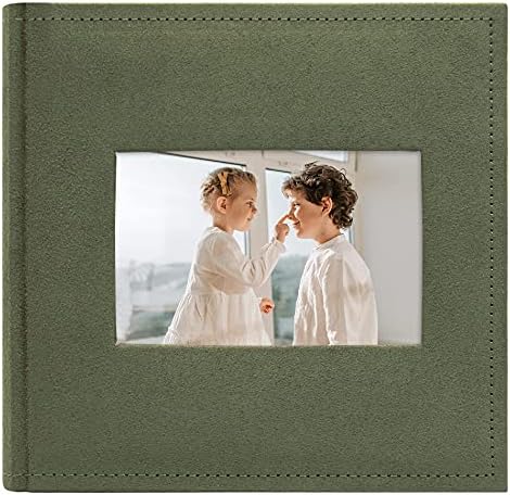 Golden State Art, Photo Album Hold 200 4x6 Horizontal Pictures with Memo for Christmas, Vacation, Memories , Weddings, Holidays( 2 Per Page, Large Front Photo Display ,Suede Cover - Green )