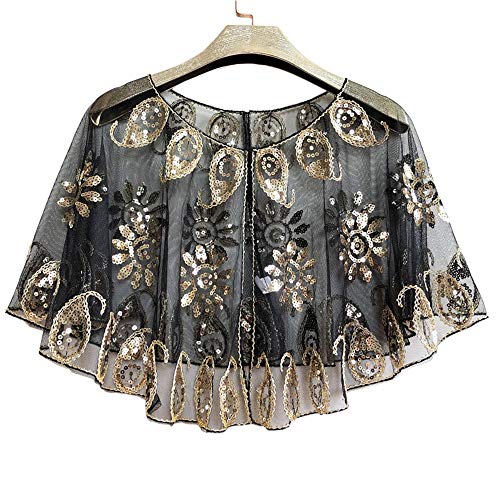 Women's 1920s Evening Cape Sequin Shawl Wraps Beaded Flapper Cover Up Cloak with Gift Box(Black and Gold)