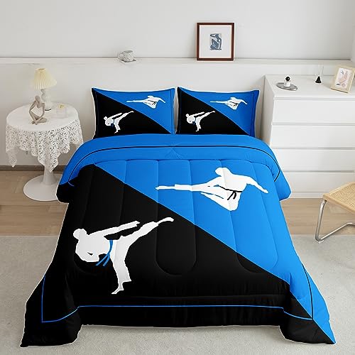 Castle Fairy Taekwondo Comforter Set,Japanese Style Bedding Set for Kids Girls Women,Adults Kungfu Comforter,Black and Blue Quilted Duvet Set Bedroom Collection Twin Size 2Pcs