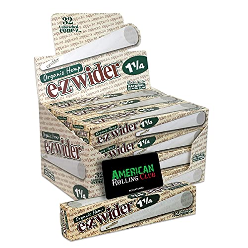 EZ Wider 1 1/4 Size Cones | Full Box - 12 Packs of 32 (384 Cones) | Organic Pre Rolled Cigarette Paper with Tips and ARC Scoop Card (Full Box)