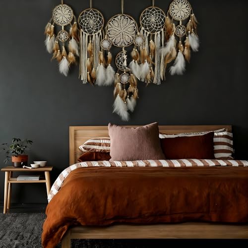 5 Pcs/Set Large Dream Catchers Boho Wall Decor Feather Handmade Traditional Dream Catcher Wall Hanging Decor for Kids Bedroom Adult Living Room Home Bohemian Decorations (Hemp Rope) - Image 4