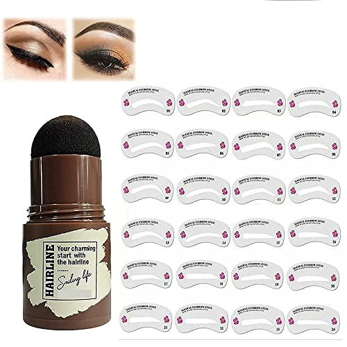 Eyebrow Stamp Powder Stick with 24 Reusable Eyebrow Stencils, Waterproof Long Lasting Eyebrow Trimmer Tools, Eyebrow Definer One Step Eyebrow Stamp Shaping Kit (Black-brown)