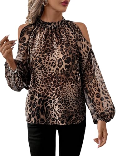 GORGLITTER Leoparden Bluse Damen Elegant Langarm Oberteil Cold Schoulder Blusenshirt Office Hemdbluse Leoprint Blusetop Casual Outfit Leo S
