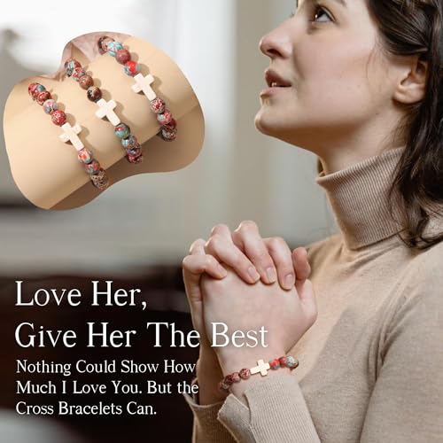 Image of Cross Bracelets for Women, Christian Gifts for Women Stocking Stuffers for Teens Cross Bracelet Imperial Nature Stone Bead Bracelet Confirmation Baptism Gift for Teen Girls Christmas Religious Gift Cathlic Faith Jewelry
