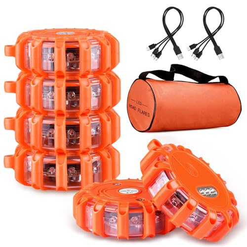 USB C Rechargeable LED Road Flares Emergency Lights with Magnetic Base, 9 Strobe Options Roadside Emergency Warning Car Safety Beacon Flashing Disc Flare Kit for Vehicles & Boat, 6 Pack