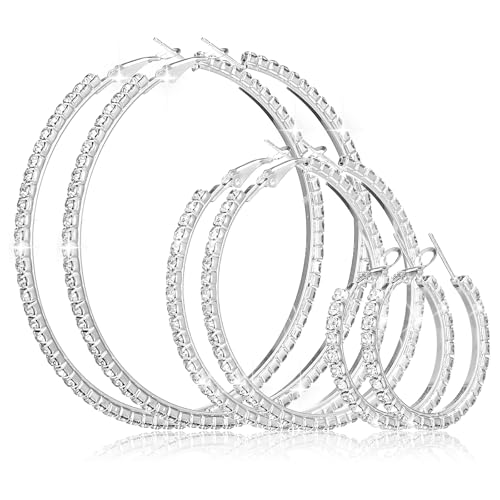 3 Pairs Rhinestone Hoop Earrings Set, 3/5/7 cm Shiny Round Party Lightweight Rhinestone Sparkly Hoop for Wedding Party Gift