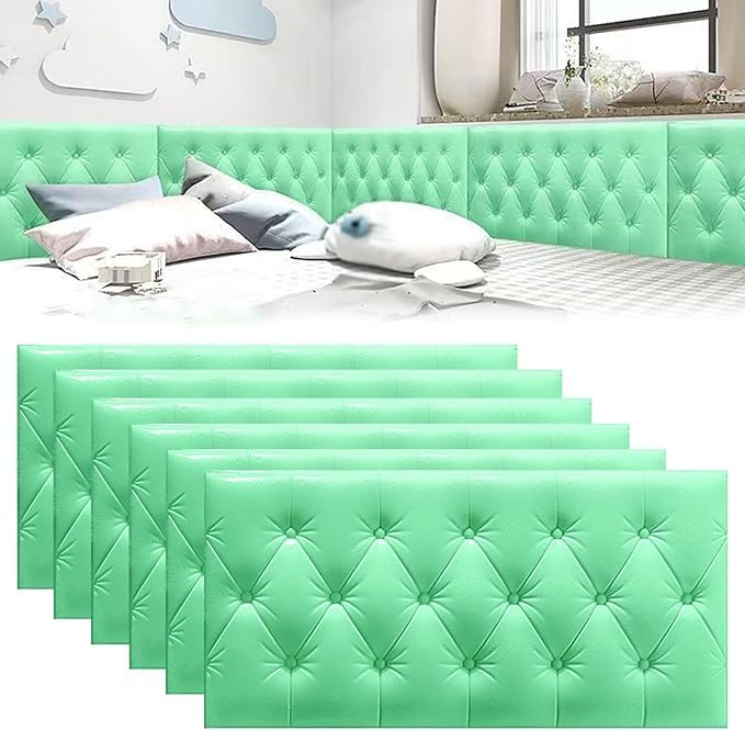 MOTTK 4/6/8 Pack 3D Anti Collision Wall Padding Panels,70x35cm DIY Peel and Stick Headboard Panel Wall Cushion Protection for Bedroom Nursery (Green,6)