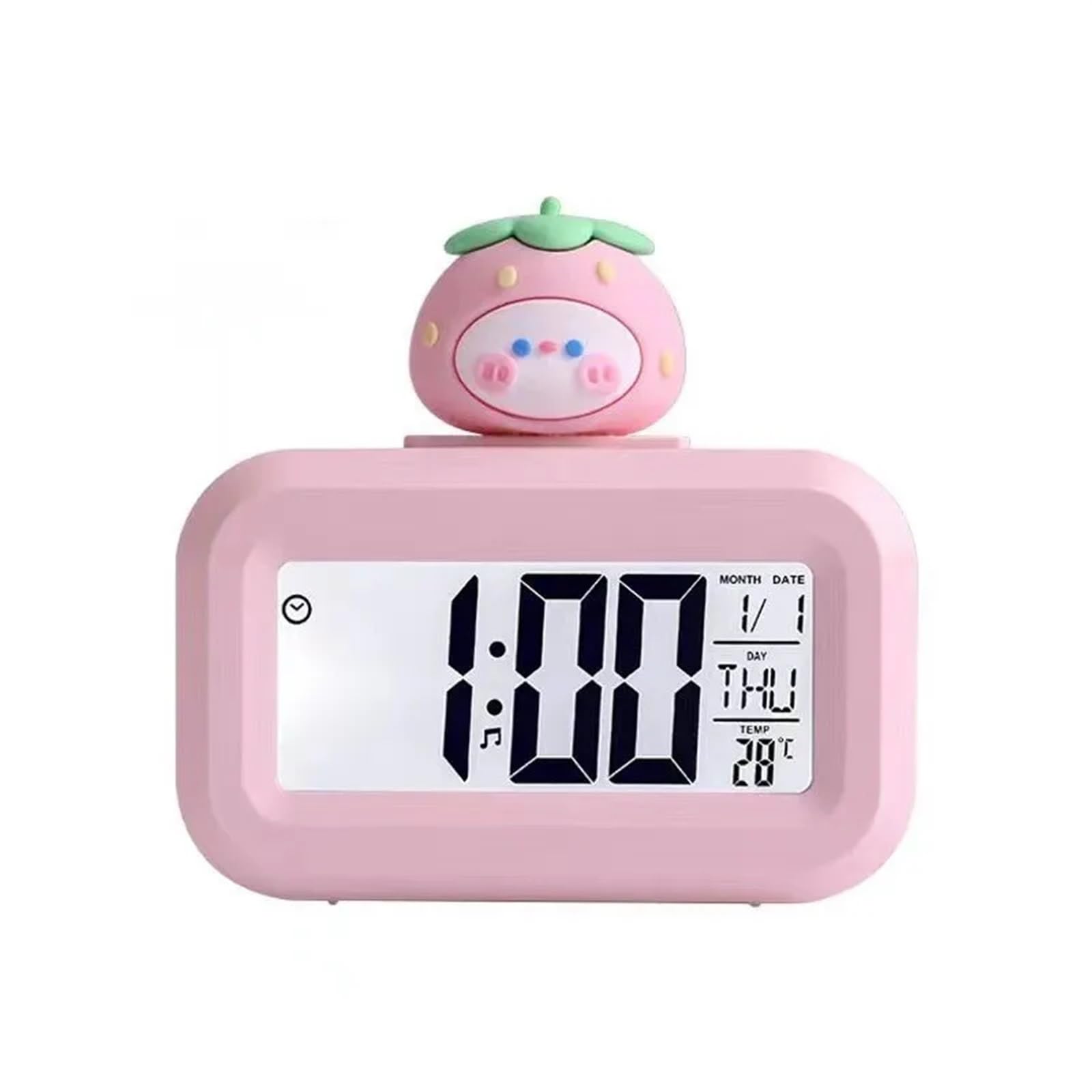 LUYSGBXR Alarm Clock Mini Music Digital Alarm Clock with Backlight Temperature Week Month Date Display Snooze Desktop Table Clocks 12/24H(Pink Strawberry)