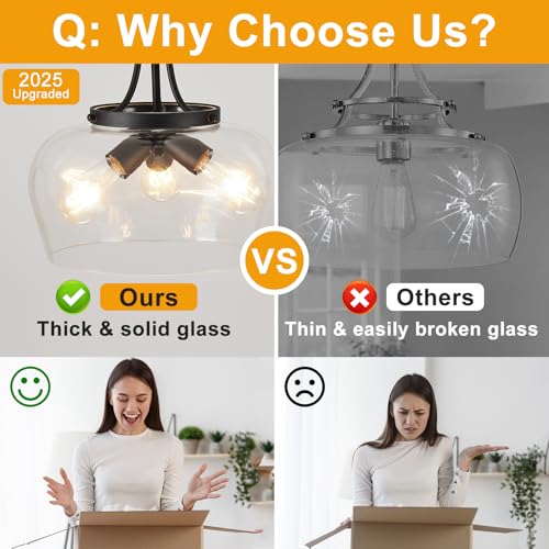 Image of Modern Pendant Lights Kitchen Island, 3-Light Black Pendant Light Fixtures with 14.2 inch Clear Glass Shade, Industrial Hanging Pendant Lights Fixture for Kitchen Island Dining Room Entryway Foyer