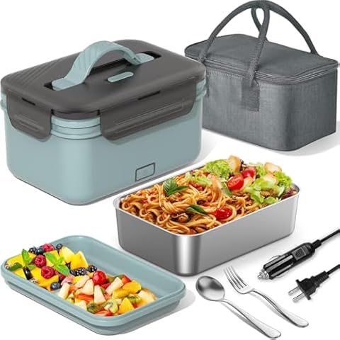 WisaKey 2 Sets of Electric Lunch Boxes, Heated Lunch Box for Adults, 12V 24V 110V Portable Food Warmer LunchBox for Car Truck Work with Removable 304 Stainless Steel Container, Carry Bag Cover