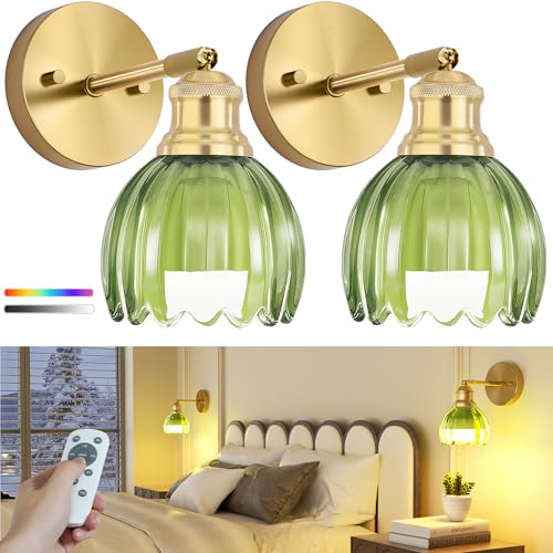 Image of VOLISUN Vintage Battery Operated Wall Sconces, with Green Tulip Glass Lampshade, Wireless Wall Sconces Set of Two, Rechargeable Battery Powered Wall Lights, Sconces Wall Decor for Bedroom Living Room