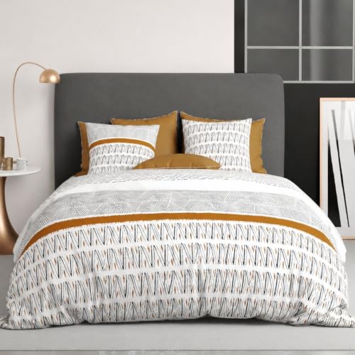 AltoBuy Parure Housse de Couette 240x220cm + 2 taies Motif Graphique Blanc, Noir et Jaune 100% Coton - Selina