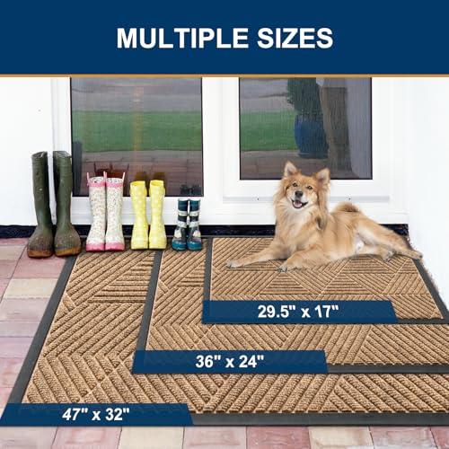 Image of Smiry Front Door Mat Outside Entrance, Heavy Duty Sturdy Natural Rubber Doormat, Trap Dirt and Moisture, Easy Clean Low Profile Mats for Indoor Outdoor Entry, Irregular Triangle (29.5x17, Light Brown)