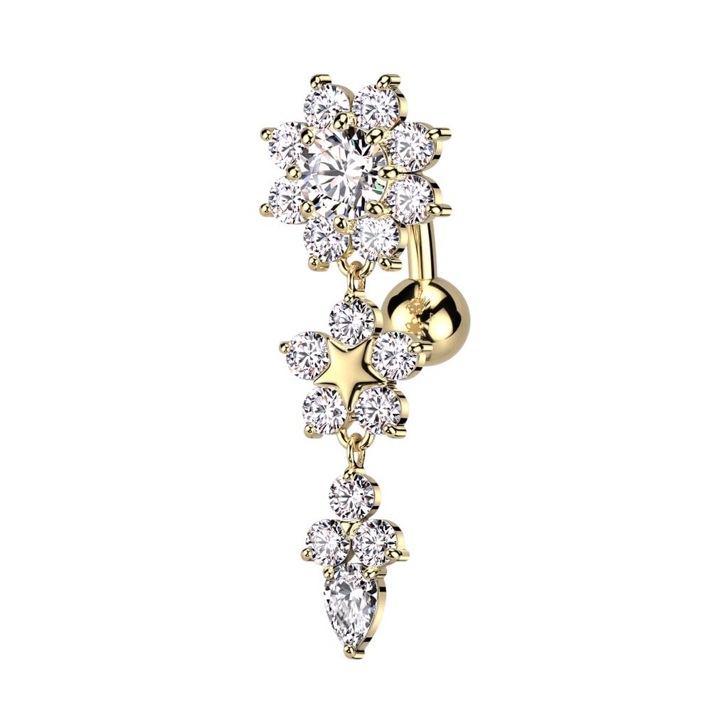 Pierced Owl 14GA 316L Stainless Steel CZ Crystal Double Flower Top Drop Reverse Belly Button Ring